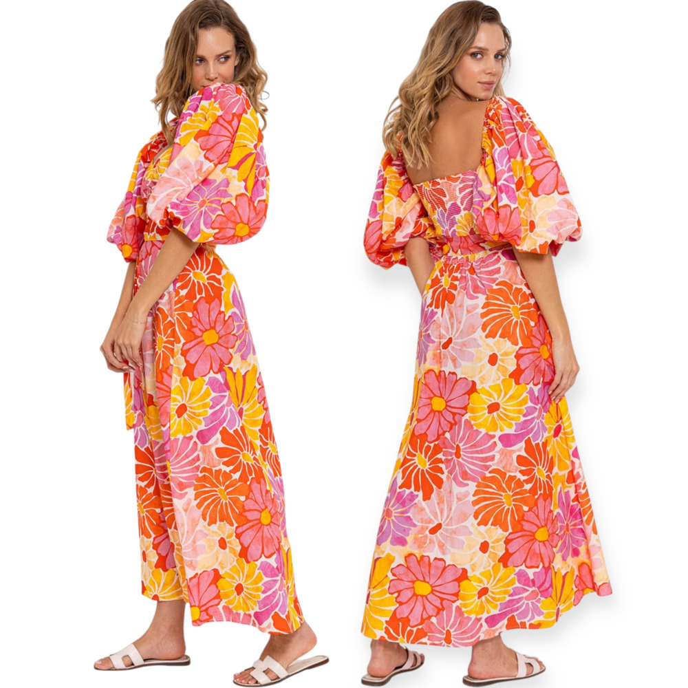 NWT Sundress Emilia Long Dress Saleya Print Pink Puff Sleeves Size XS fits Small - Picture 2 of 8